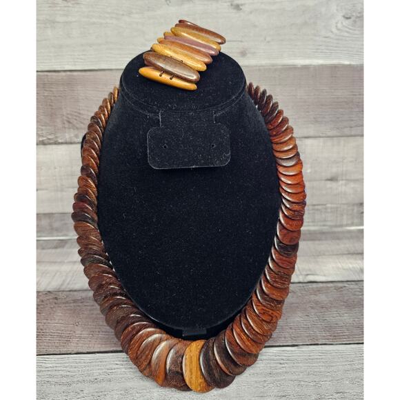 Vintage Exotic Boho Graduated Brown Wooden Disc Necklace Bracelet Statement Gift - Picture 1 of 6